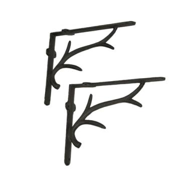 Imagem de Conjunto de 2 suportes de prateleira de parede rústicos de ferro fundido marrom com chifre de veado - pingente ocidental para decoração de casa - Suportes resistentes de 25 cm de comprimento