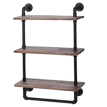 Imagem de Prateleiras de tubos industriais montadas na parede, prateleiras flutuantes de armazenamento de madeira rústica, prateleira de banheiro de 2 camadas com barra de toalha, suporte suspenso de metal