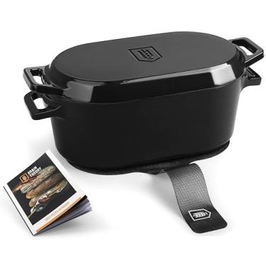 Imagem de Kook Forno holandês com tampa, alças duplas, ferro fundido esmaltado, inclui alavanca de tampa, ótimo para assar pão, cozinhar e assar, pode ser lavado na lava-louças, 5 litros (preto)