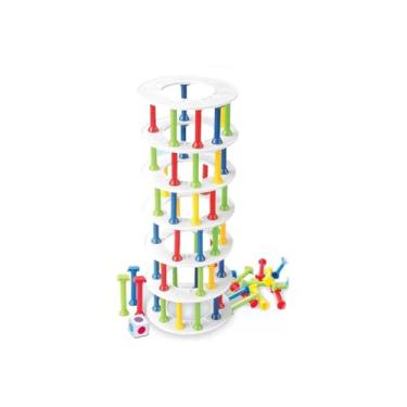 Imagem de Jogo Derruba Torre, Multicolorido, Plástico Resistente, 25 Colunas e 7 Anéis, com Dado 2x2 cm, para Crianças +3 Anos, Brinquedo Educativo