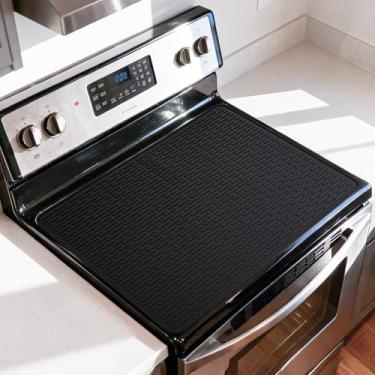 Imagem de LONGKING Tampa superior de fogão 2x mais grossa para fogão elétrico - tapete de silicone para fogão de vidro, tapetes de secagem de pratos para cozinha, capas de fogão elétrico (preto, 76 x 53)
