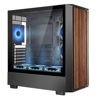 Imagem de Capa de PC para jogos Mid Tower, painel lateral de vidro temperado de câmara dupla - Frente de madeira de nogueira - Seis ventoinhas ARGB PWM de 120 mm incluídas - Suporte de alto fluxo de ar 360 mm