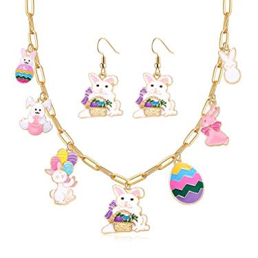 Imagem de HSWE Conjunto de brincos de colar de páscoa esmaltado coelhinho fofo colorido ovo coelho animal pingente colar e brincos pendentes para mulheres meninas primavera Páscoa feriado conjunto de joias presentes, Metal, Liga metálica.