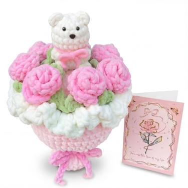 Imagem de Aucess Urso de crochê feito à mão e buquê de rosa | Presente de arranjo de flores tricotado para sempre para o dia dos namorados, aniversário, mãe, namorada