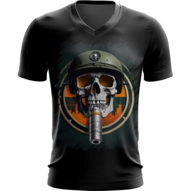 Imagem de Camiseta Gola V Caveira Militar Logo Guerra 3 - Kasubeck Store®, G