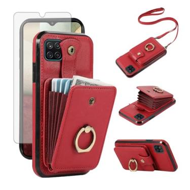 Imagem de Capa para celular Samsung Galaxy A12/M12 carteira com protetor de tela de vidro temperado e alça transversal anel suporte RFID cartão de crédito A 12 5G A-12 S12 12A 4G mulheres meninas vermelho