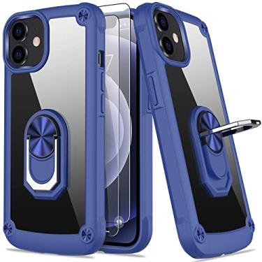 Imagem de AUPAI Capa para iPhone 12 com protetor de tela, capa para iPhone 12 Pro transparente anti-amarelo capa protetora de acrílico resistente com suporte magnético para Apple iPhone 12/iPhone 12 Pro, azul