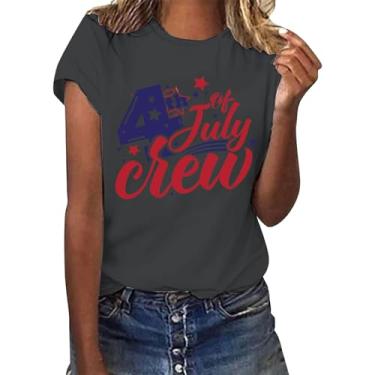 Imagem de Camisetas femininas Memorial Day com bandeira americana listras estrelas EUA manga curta gola redonda camiseta básica, Cinza escuro, XXG