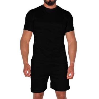 Imagem de Uni Clau Conjunto masculino de 2 peças, camiseta de verão e short para praia, muscular, treino de férias, Preto, 3G