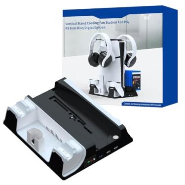 Imagem de Suporte para PS5 com estação de resfriamento e carregador de controle duplo para console Playstation 5 PS5, base PS5 com ventoinha, base de carregamento e suporte de jogo (Não suporta PS5 Slim)