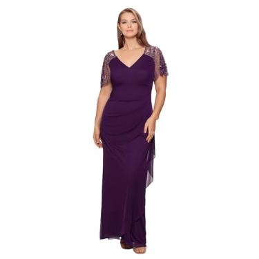 Imagem de Xscape Vestido feminino plus size longo gola V manga frisada jersey, Ameixa, 54