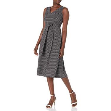 Imagem de Calvin Klein Vestido midi feminino plus size sem mangas com decote em V com faixa na cintura, Preto, branco, 36