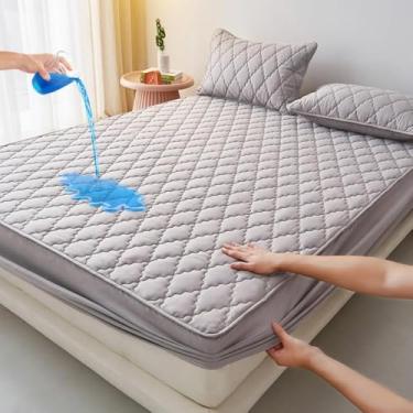 Imagem de Protetor de colchão elástico de cor sólida de algodão capa de almofada de cama respirável para a pele, lençol de elástico macio, lavável na máquina, capa de colchão-cinza||Duplo 120 x 200 cm