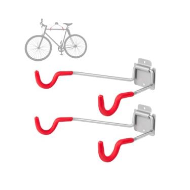 Imagem de NiQinWuKin Suporte de parede para bicicleta, 2 unidades, gancho de parede, suporte de gancho de bicicleta, suporte de gancho para bicicleta, para armazenamento interno e organização de garagem, suporte de bicicleta dobrável com EVA para bicicletas-montanha, estrada (vermelho)