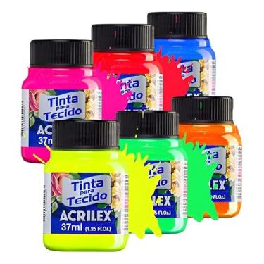 Imagem de Kit Tinta Para Tecido Fluorescente 37ml - Acrilex Com 6 Cores - Azul, Vermelho, Maravilha, Verde, Ouro e Limão Fixação a Frio e Alta Cobertura Recomendado Para Tecidos De Algodão Sem Goma É Ideal Para Customização De Roupas, Decoração E Outras Aplicações Artísticas
