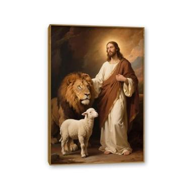 Imagem de SDYJ6GSW Arte de parede em tela de Jesus Cristo O Leão de Judá impressões de pintura cristã decoração de parede decoração de sala religiosa para igreja sala de oração 110 x 70 cm (43 x 28 pol) moldura