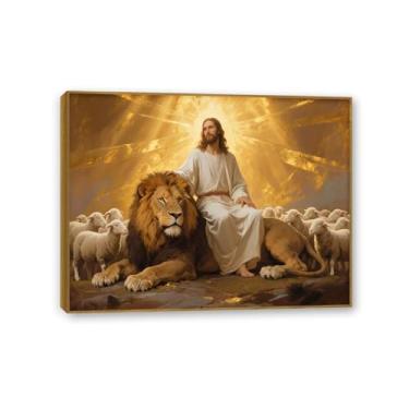 Imagem de SDYJ6GSW Arte de parede de leão cristão leão de Judá tela de cordeiro decoração de parede quadros religiosos pintura arte para igreja sala de estar quarto 90 x 70 cm (36 x 28 pol) moldura teca
