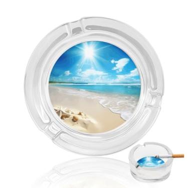 Imagem de Cinzeiro de vidro, sol brilhante verão praia cinzeiro de mesa, cinzeiro de vidro de cristal, cinzeiros redondos clássicos para casa, cinzeiro moderno decorativo portátil