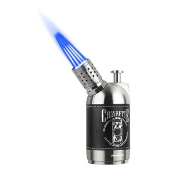 Imagem de Ambrogio.L Acendedor de tocha quádrupla de couro recarregável butano gás vermelho chama charuto tabaco isqueiro (preto01)