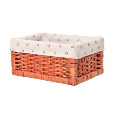 Imagem de Cesto de armazenamento de vime natural tecido à mão com forro, caixa de armazenamento de mesa doméstica cesta de armazenamento de madeira maciça marrom 29 x 18 x 13 cm.