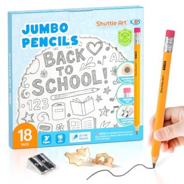 Imagem de Shuttle Art Lápis jumbo – Pacote com 18 lápis triangulares pré-afiados nº 2 HB com borrachas e apontadores superiores, para crianças de 4 a 8 anos, material escolar de jardim de infância, ideal para