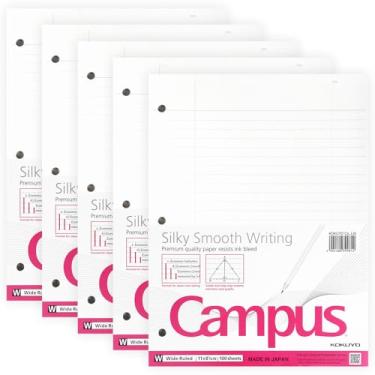 Imagem de Kokuyo Papel de folha solta Campus para fichários de 3 anéis, 21 x 28 cm, papel pautado largo, 500 folhas, papel liso japonês evita sangramento de tinta, fornecedores escolares, feito no Japão (WSG-NO