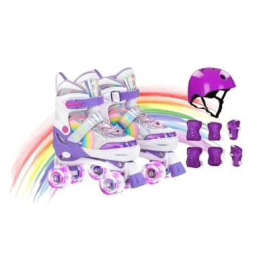 Imagem de Patins 4 Rodas Roller Com Ajuste e Kit de Proteção Lindo Arco-íris (Arco-Iris Roxo, P - 28 a 31)