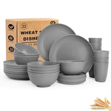 Imagem de BUSOKIP Conjunto de louça de palha de trigo, 32 peças, pratos de jantar, pratos de sobremesa, copos de bebida, conjunto de tigelas de palha de trigo, conjunto de pratos seguros para micro-ondas e