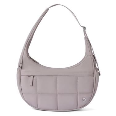 Imagem de POIUGOYA Bolsa de ombro de nylon para mulheres, pequena bolsa acolchoada crescente, bolso com zíper triplo, pequena bolsa acolchoada para viagens/fitness, Camelo, Casual