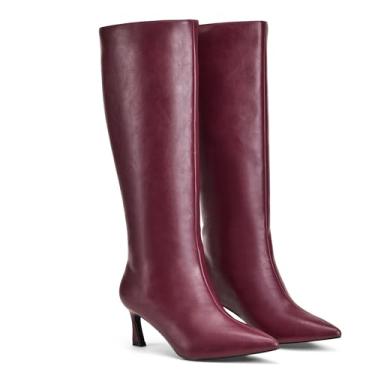 Imagem de GENSHUO Botas de cano alto femininas salto baixo gatinho botas longas com bico fino inverno outono sexy moda confortável sapatos sociais, Vermelho vinho, 36