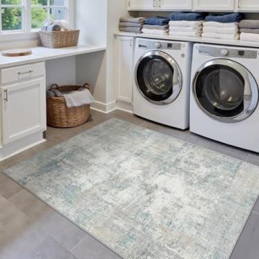 Imagem de WondRg Tapete lavável 3x5 azul creme abstrato entrada escritório tapete neutro moderno antiderrapante macio baixo tapete pequeno para cozinha, sala de estar, quarto, entrada