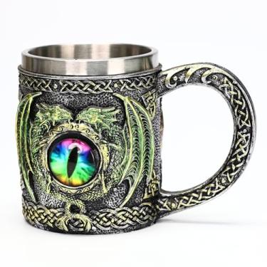 Imagem de JIUMOZHI Caneca olho de dragão Tankard forro de aço inoxidável desenhado à mão estilo medieval caneca de cerveja xícara de café capacidade 430 g (ouro A)