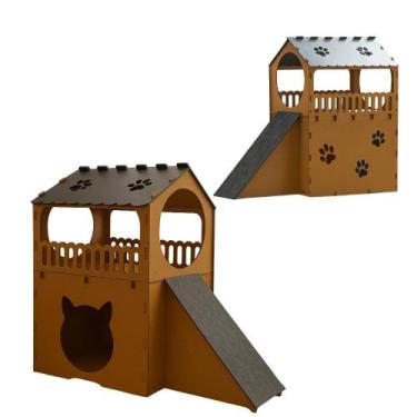 Imagem de Toca Casa Para Gato Em Mdf Dois Andares Casinha Caramelo Com Caminha e