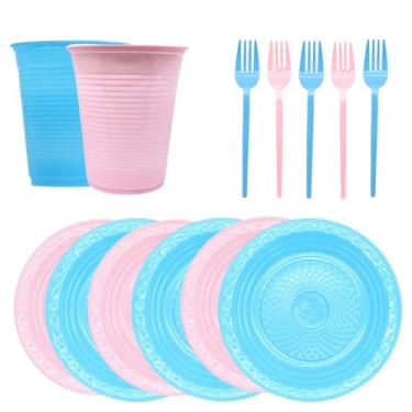 Imagem de Kit 150 Itens Festa 50 Garfo + 50 Pratinho + 50 Copo Descartáveis Chá Revelação Decoração (Rosa/Azul)