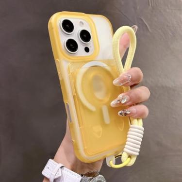 Imagem de Capa com cordão para porta-cartões para iPhone 16, 15, 14 Pro Max Plus, 13, 12, 11, alça de pulso, cor doce, capa fosca (para iPhone 12 Pro Max/YellowGS)