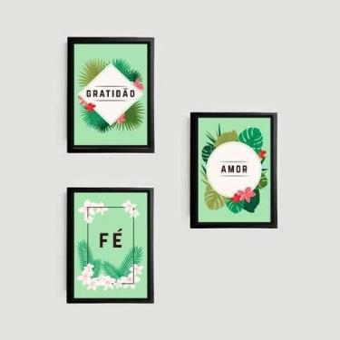 Imagem de Kit 3 Quadros Amor Fé Gratidão Tropical 33X24Cm Com Vidro - Quadros On
