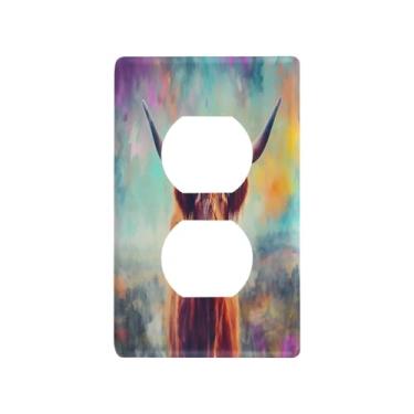 Imagem de Blueangle Placa de parede colorida Highland Cow Duplex Outlets, tamanho padrão, placas de cobertura de tomada elétrica de 1 gangue para decoração de quarto de escritório em casa, 4,53 x 2,76 polegadas