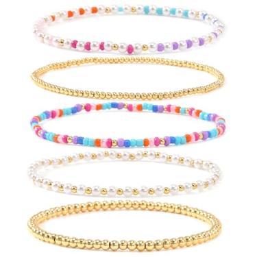 Imagem de SHINUS BOHO Conjunto de pulseiras com contas banhadas a ouro 14K para mulheres, contas coloridas boho elásticas joias bola amizade verão moderno, 7.0, Sem Pedra Preciosa