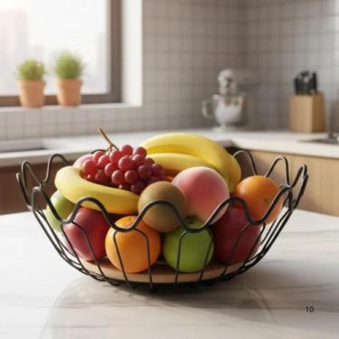 Imagem de Fruteira Ondulada Decorativa de Mesa de Metal e Madeira - Genérica