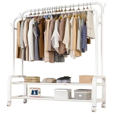 Imagem de Suporte de roupas resistente sobre rodas, rack de metal portátil para roupas com trilho duplo e suporte de armazenamento de 2 camadas, cabide independente para quarto, comporta 40 kg/organizador de
