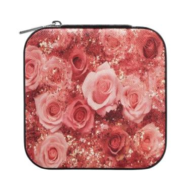 Imagem de Burbuja Caixa de joias com glitter rosa mini estojo de joias de viagem para mulheres e meninas, estojo organizador de joias para brincos, anéis, colares e pulseiras