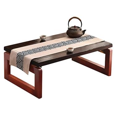 Imagem de Mesa de centro dobrável de madeira maciça - Mesa de chá baixa vintage para assento no chão, mesa de jantar japonesa portátil Kotatsu, design que economiza espaço, decoração de casa elegante