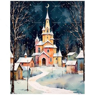 Imagem de Kit de pintura de igreja nevada por números para adultos – Pintura de cenas de igreja e vila de Natal DIY em tela, 40 x 50 cm, conjunto de tinta acrílica emoldurada, adequado para iniciantes, arte de