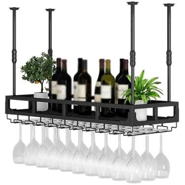 Imagem de Suporte para copo de vinho de teto, rack de vinho ajustável de 35 a 54,9 cm de altura, suporte de garrafa de vinho de metal com suporte de vidro, para bar café cozinha (cor: preto, tamanho: 120 cm