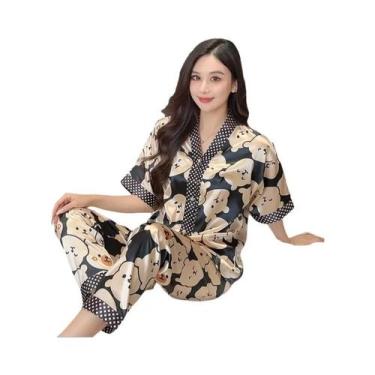 Imagem de Conjunto De Pijama Feminino De Verão Em Seda Gelada, Manga Curta, Caim
