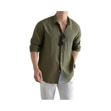 Imagem de Camisa Casual Masculina plus Size Em Linho E Algodão, Manga Longa, Pre