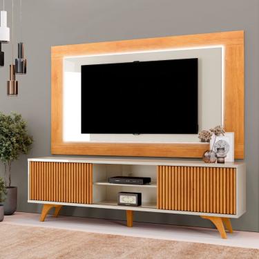 Imagem de Painel com Rack para Sala de Estar Linha Grecia 220cm MDF MDP com LED Bivolt Nature Off...