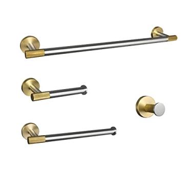 Imagem de Acessórios de banheiro de aço inoxidável Gancho de toalha de ouro escovado Barra de toalha de parede Gancho de roupão de banho Kit de suporte de papel higiênico escovado, conjunto de 4 peças