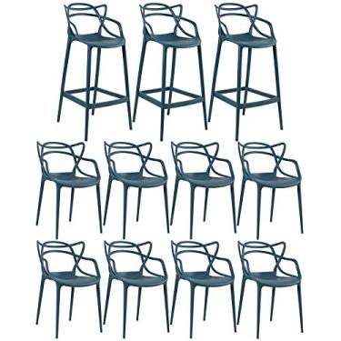 Imagem de Loft7, KIT - 8 x cadeiras + 3 x banquetas altas Masters Allegra - Azul petróleo