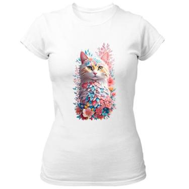 Imagem de Camiseta Baby Look Gato Branco Com Flores - Alearts